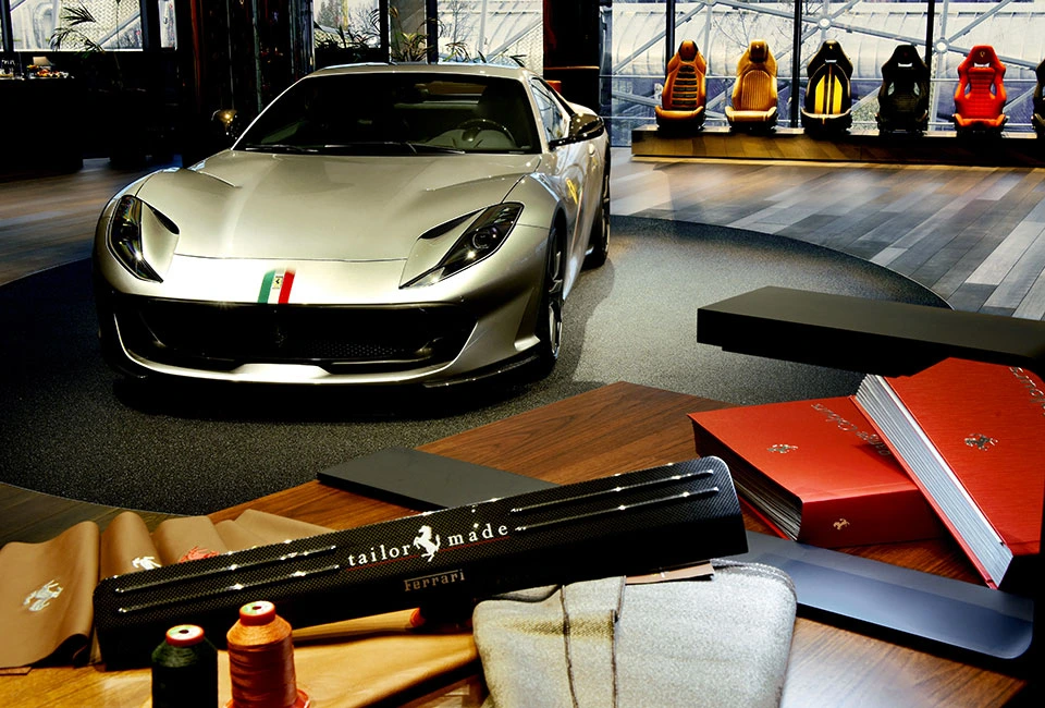 Ferrari Tailor Made personalization studio with material samples