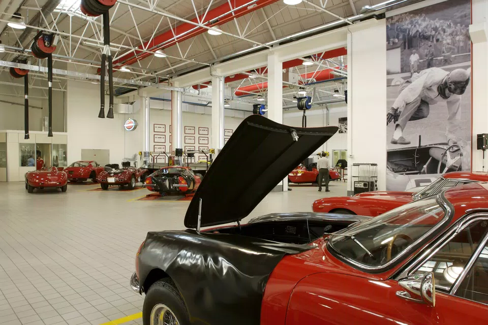 Ferrari Classiche workshop with historic Ferrari vehicles