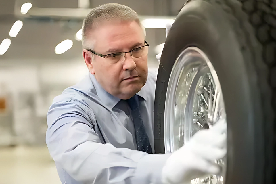 Ferrari specialist inspecting a classic Ferrari wheel
