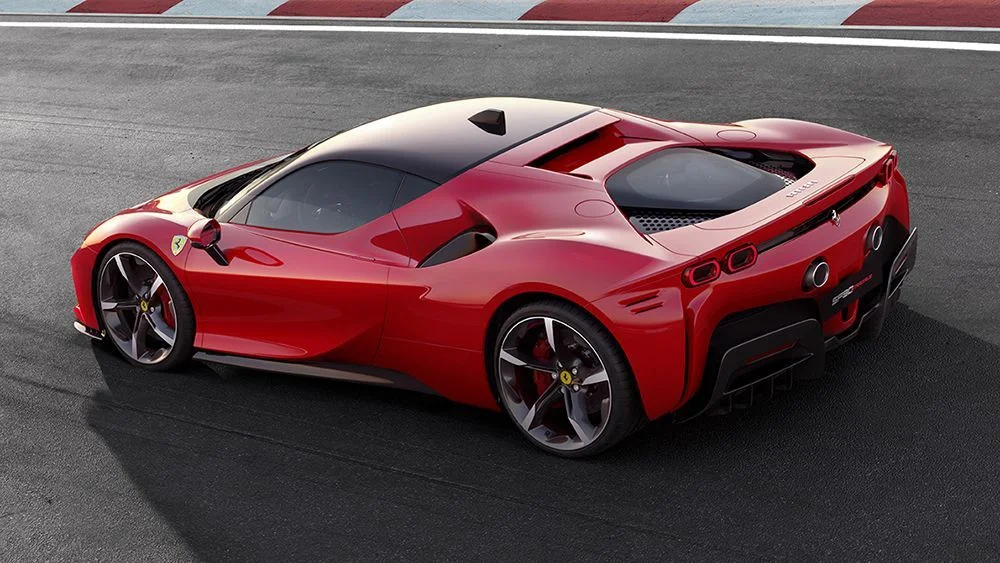 Ferrari SF90 Stradale red rear three-quarter view